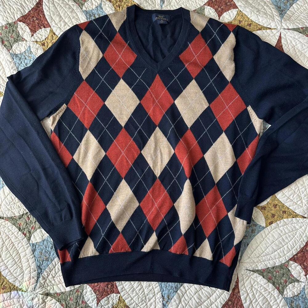 Brooks Brothers navy and orange argyle knit sweater 100% merino wool academic